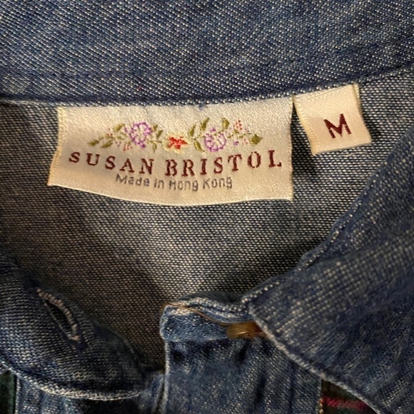 SUSAN BRISTOL Fall Denim Shirt Women Long Sleeve Tartan Patched Chambray Medium - Picture 6 of 14